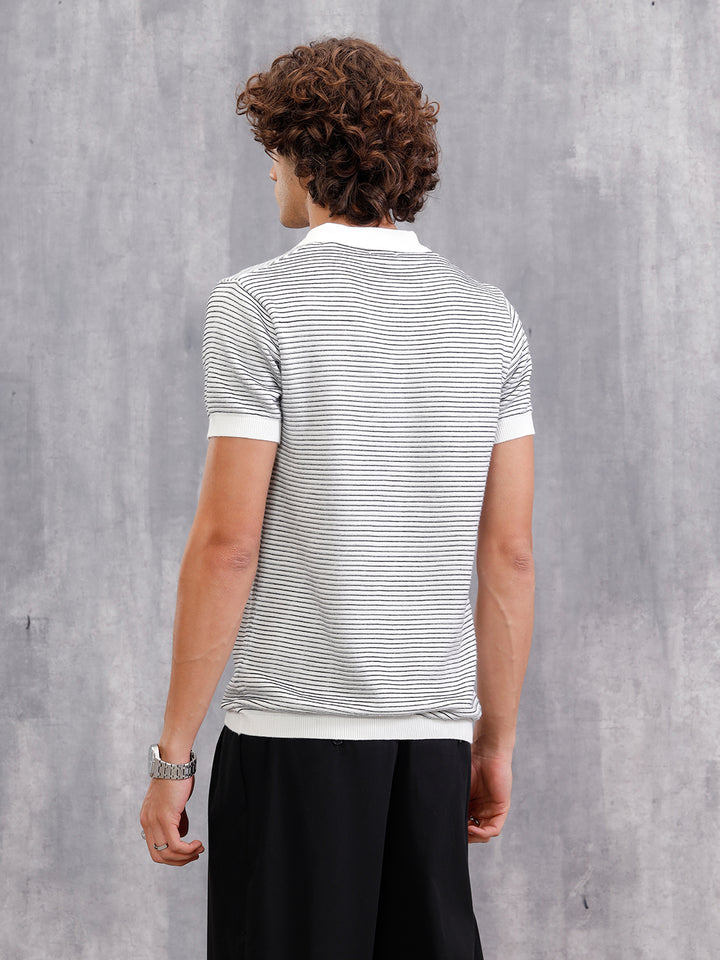 Flat Knit Striped Pattern Polo T-Shirt| White