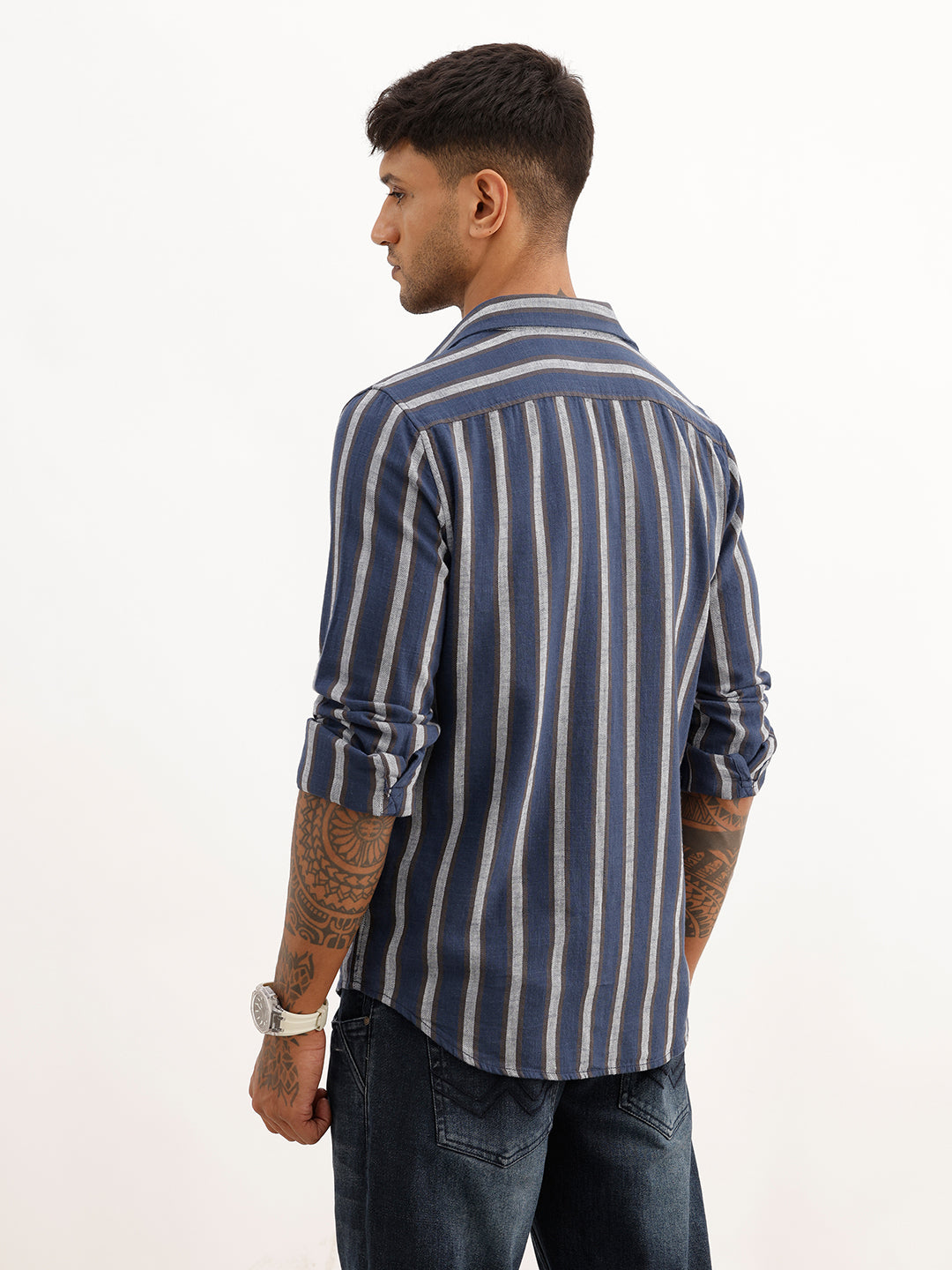 Slim Fit Striped Full Sleeve Shirt | Navy Blue