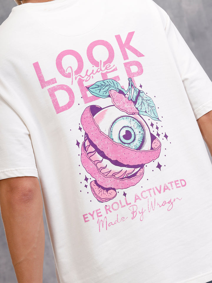 Bizarre Elements Inspired Look Deep Inside Eyeball Back Print Crew Neck T-Shirt  | Off White