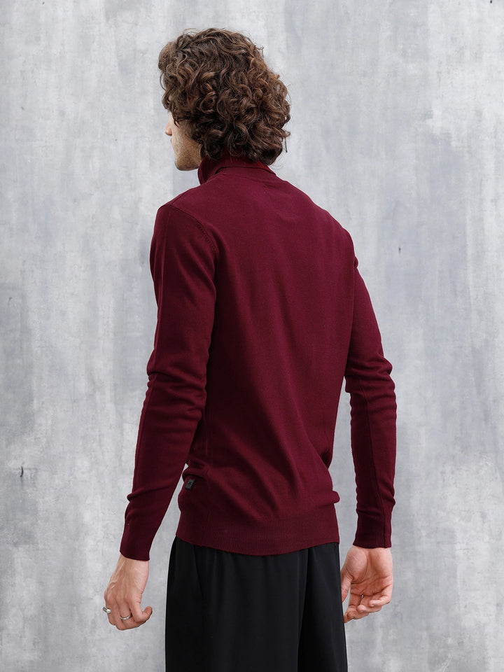 Turtle Neck Full Sleeve T-Shirt | Maroon