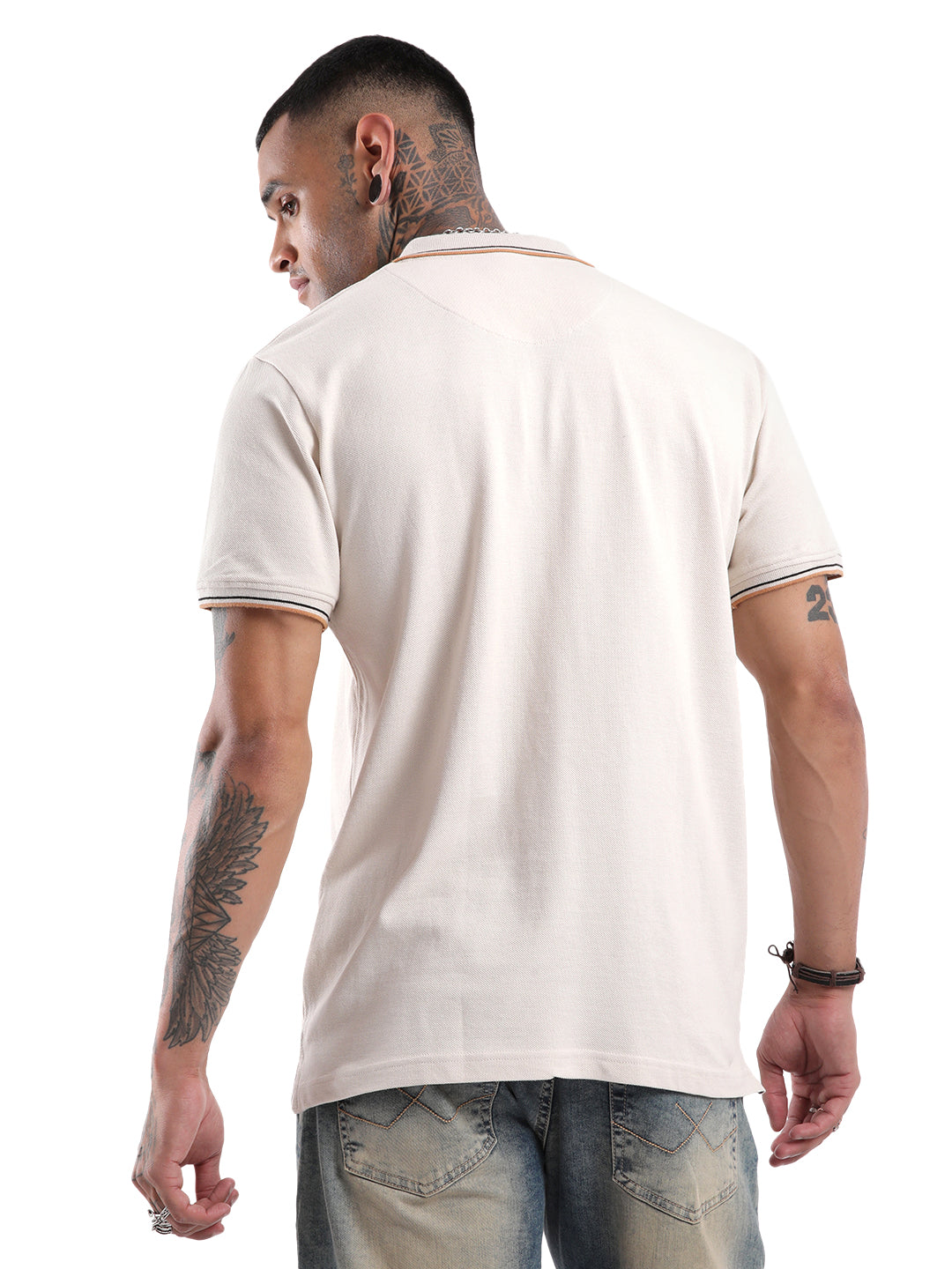 Beige Trim Casual Polo T-Shirt