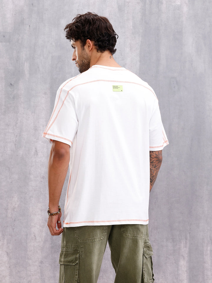 Contrast Flat Lock Detail Oversized Fit T-shirt With Print | White