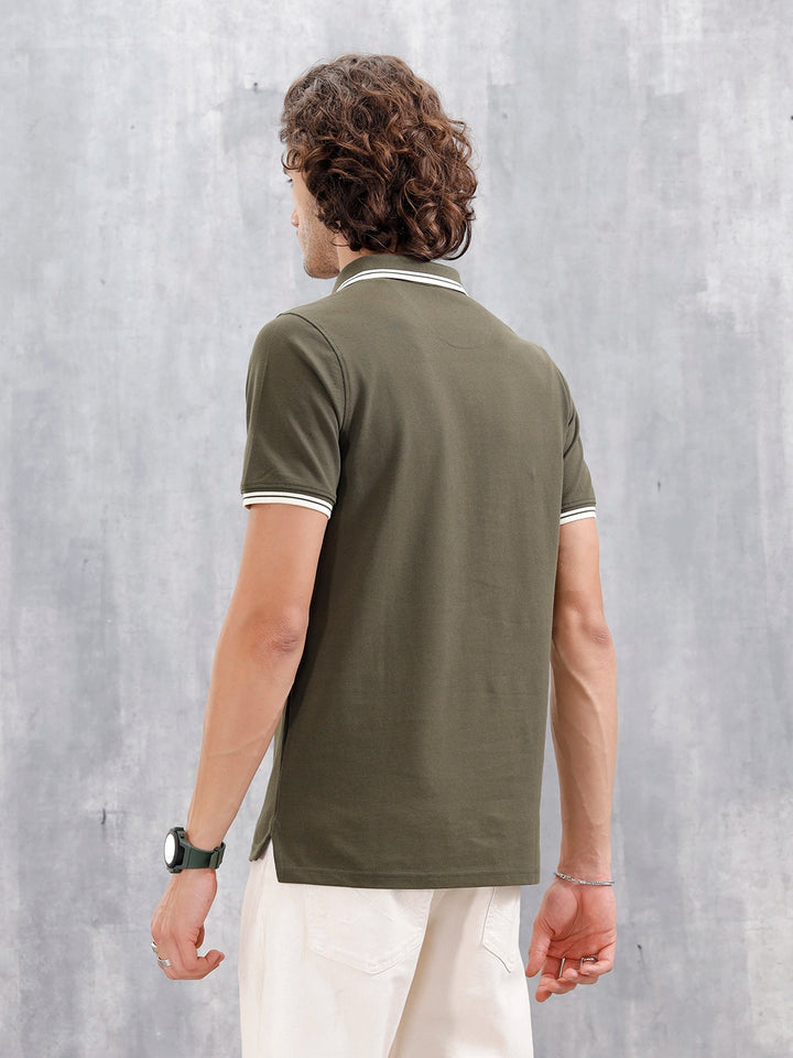 Contrast Tipped Johnny Collar Slim Fit Polo | Olive