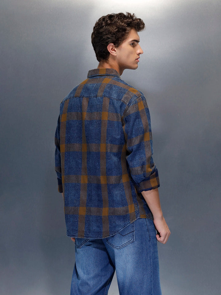 Men's casual regular fit checkered pattern shirt | Brown