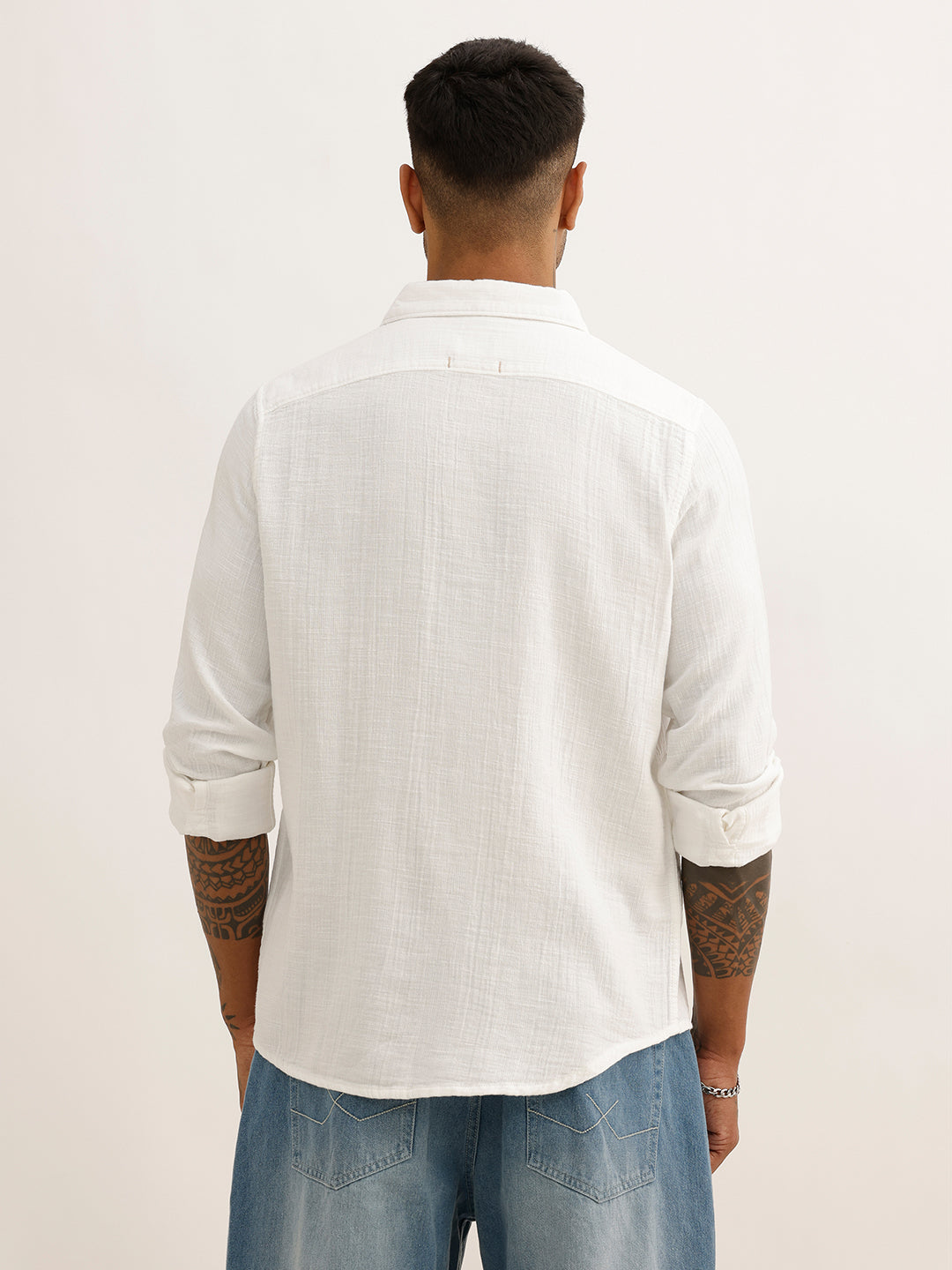 Solid Slim Fit Textured Full Sleeve Shirt | White