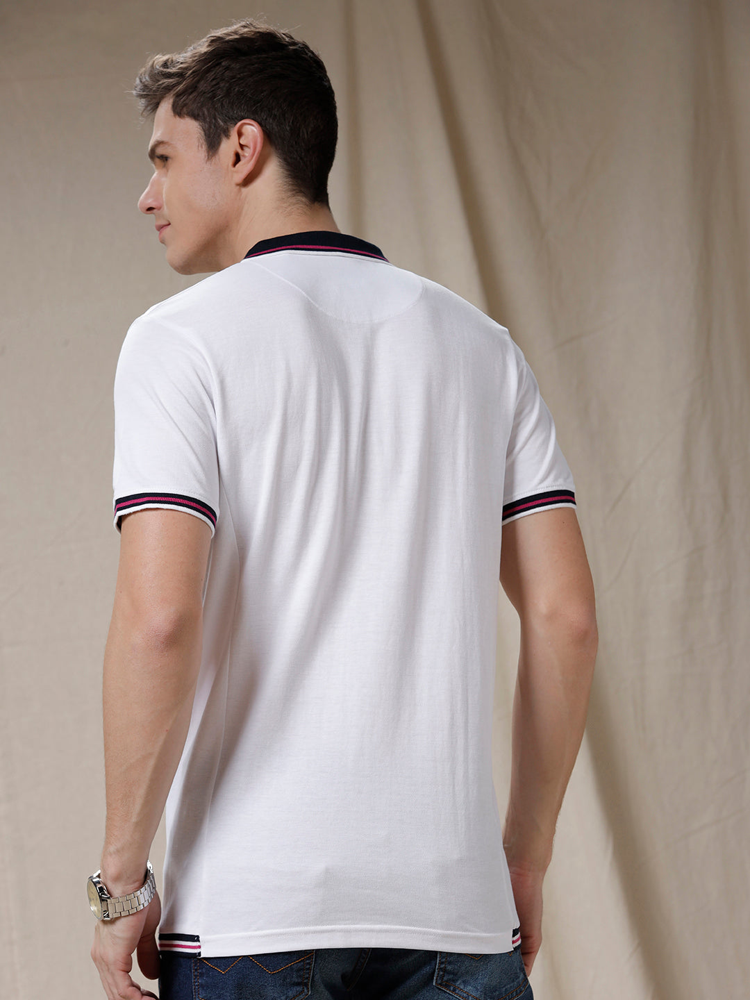 Blocked Edges Solid White Polo T-Shirt