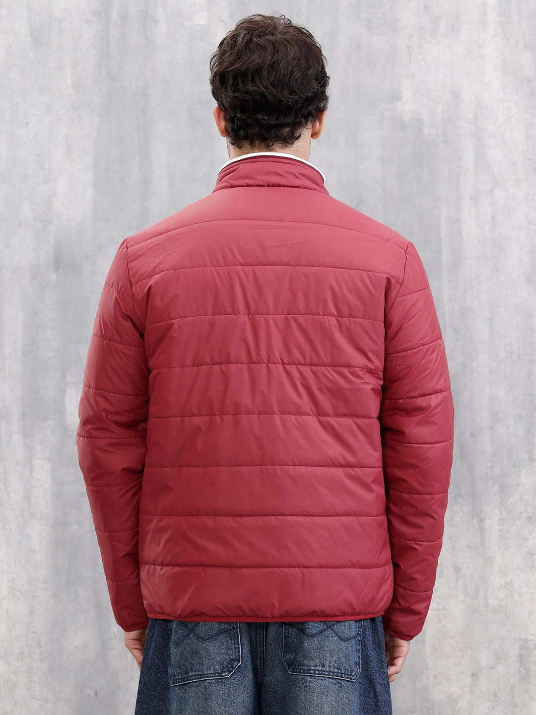 Quilted High Neck Regular Fit Jacket I Maroon