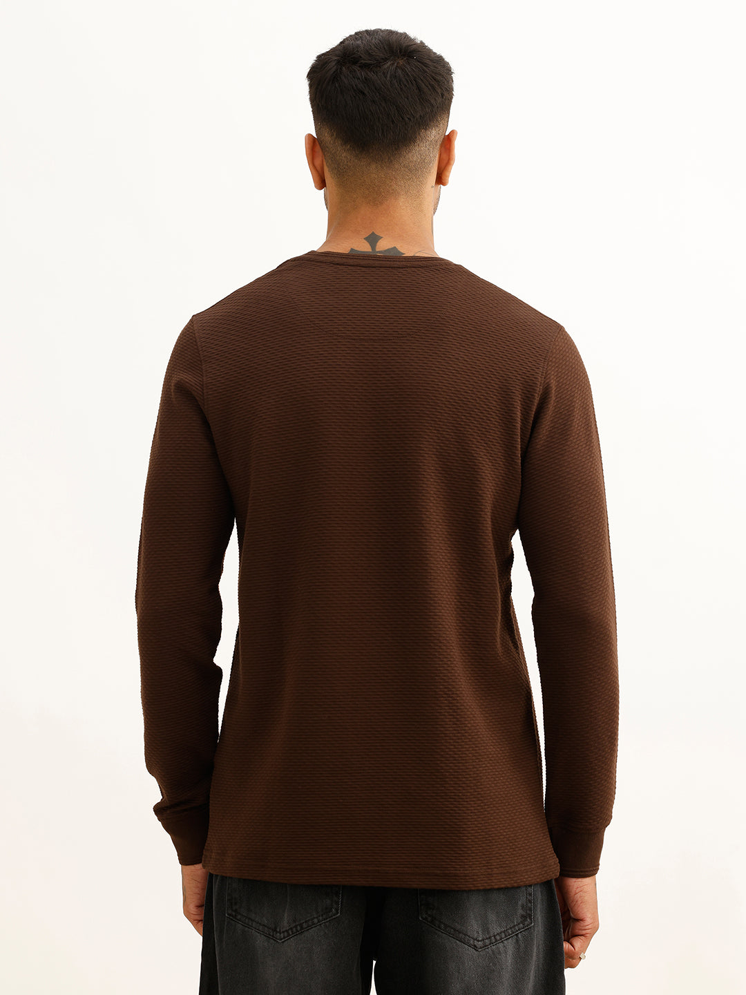 Slim Fit Textured Full Sleeve T-Shirt | Brown