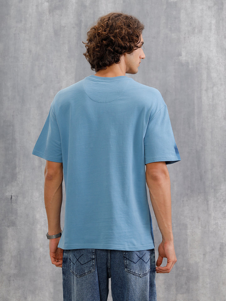 Smokey Pigment Spray With Grunge Logo Print Oversized Crew Neck T-Shirt | Blue