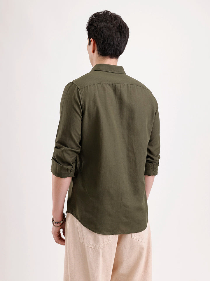 Solid Slim Fit Linen Blend Shirt  | Olive