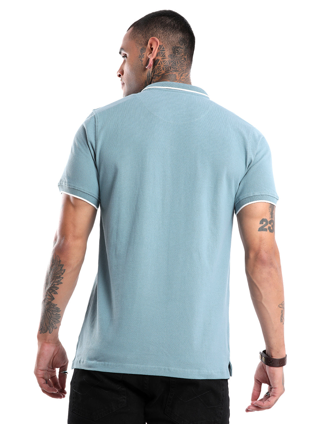 Solid Blue Logo Embroidered Polo T-Shirt