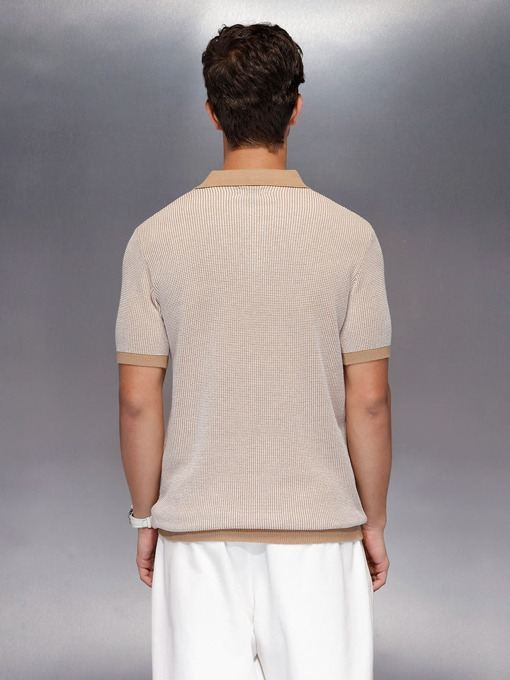 Textured knit polo tshirt with contrast collar | Khaki