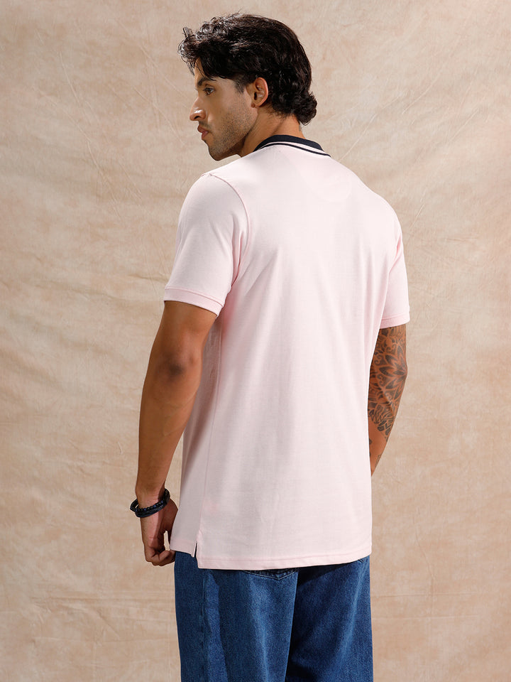 Contrast Striped Collar Polo T-Shirt | Light Pink