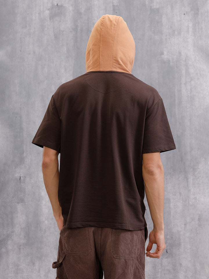 Asymmetrical Colorblocked Textured Hoodie With Printed Canvas Patch | Brown