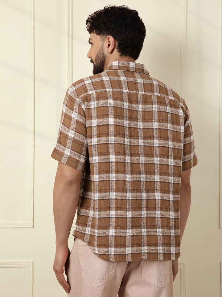 Checked Short Sleeve Textured Shirt | Brown