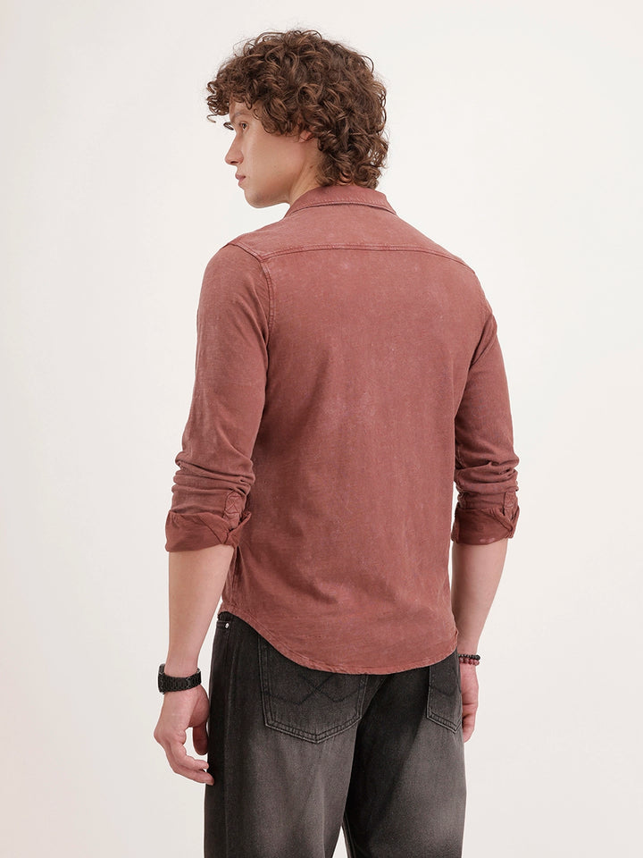 Solid Slim Fit Double Pocket Shirt | Rust