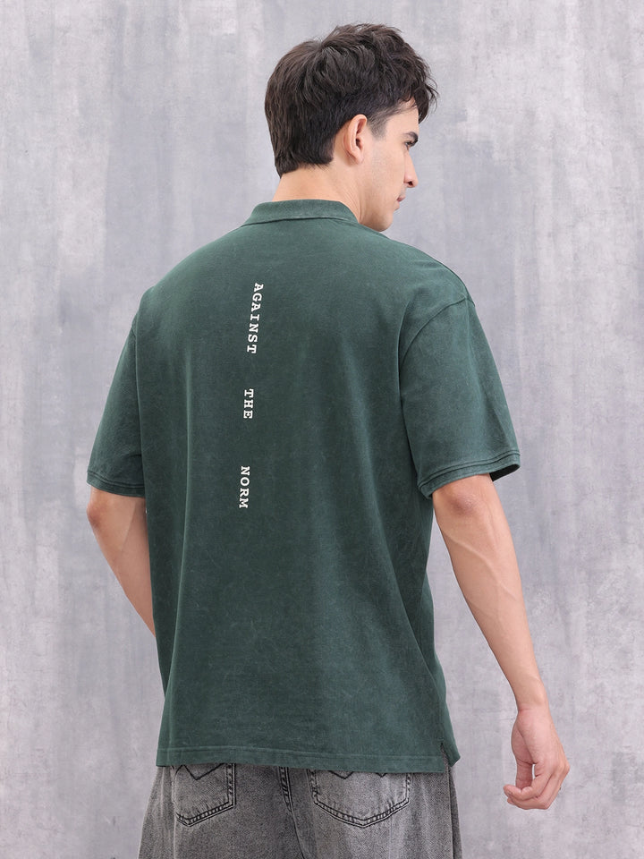 Washed Oversized Fit Back Printed Polo Collar T-shirt | Dark Green