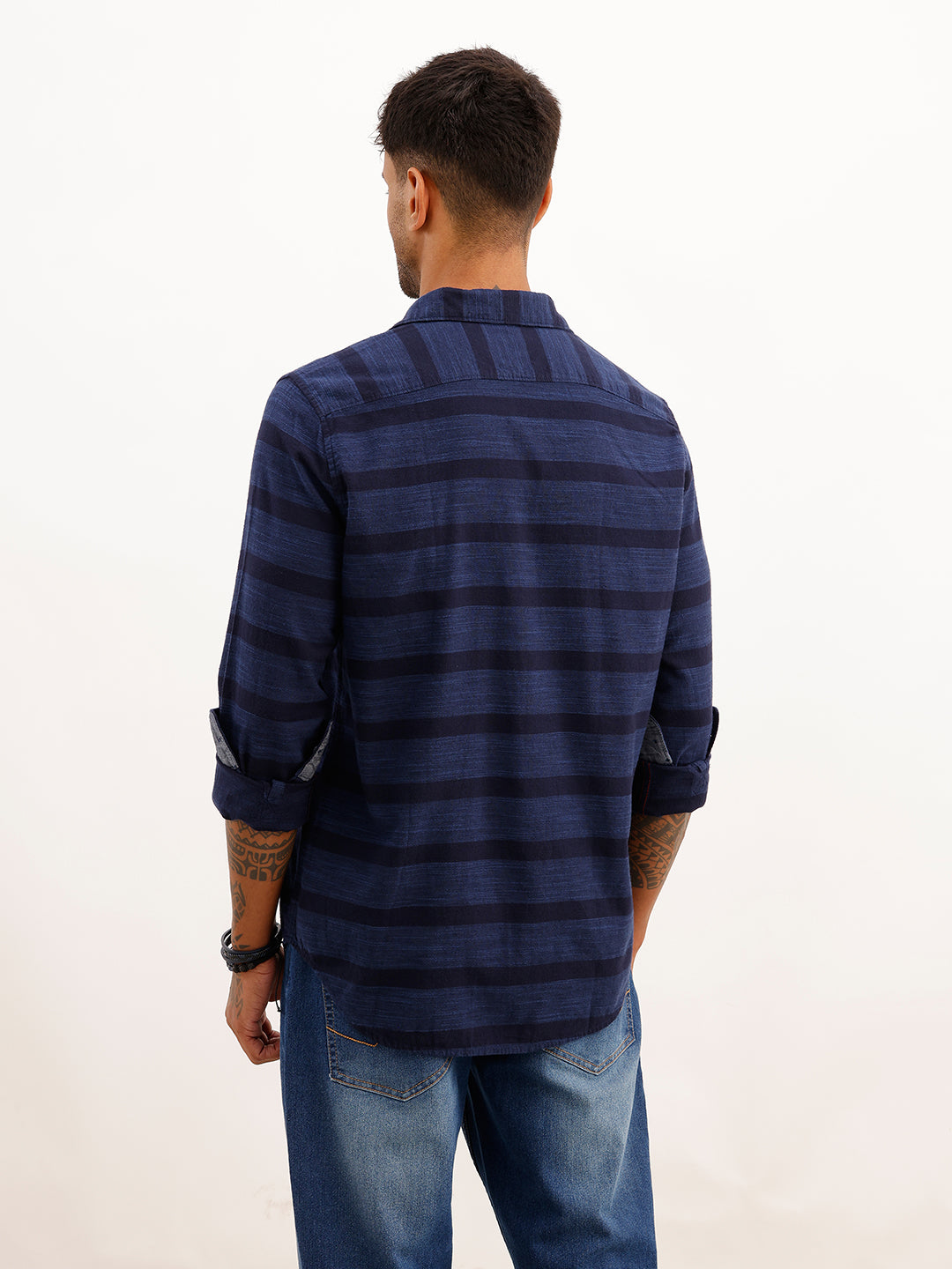 Regular Fit Full Sleeve Striped Shirt | Navy Blue