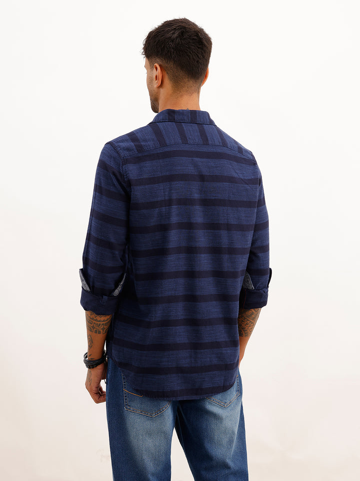 Regular Fit Full Sleeve Striped Shirt | Navy Blue