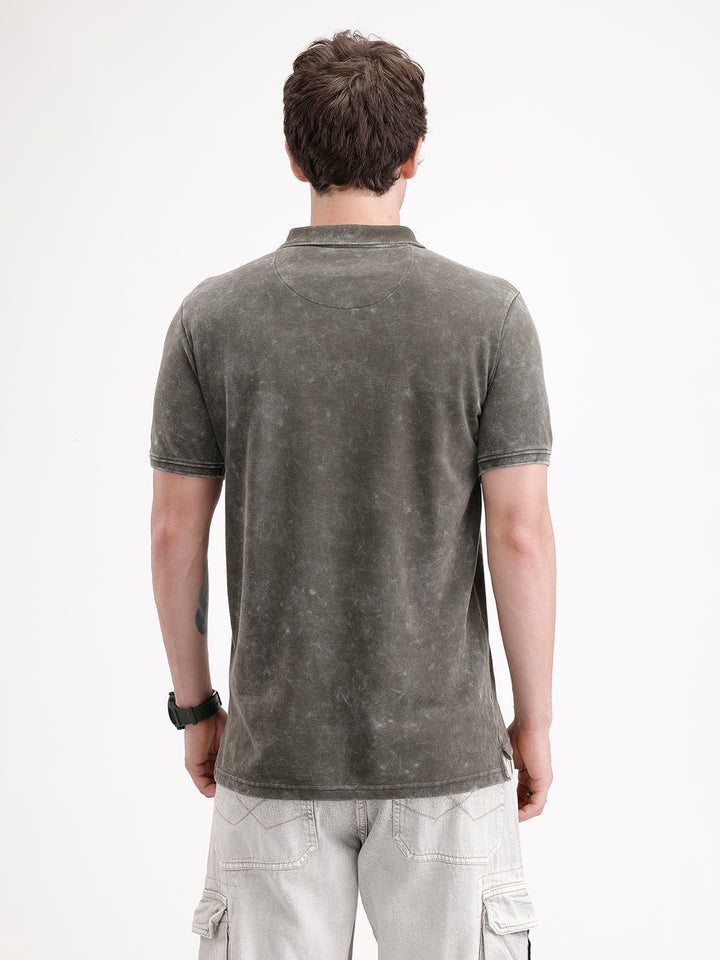 Slim Fit Washed Cut & Sew Polo T-Shirt | Olive