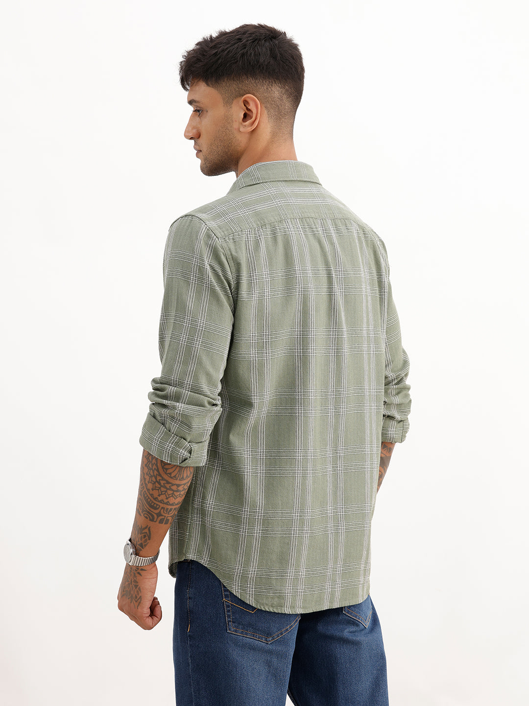 Slim Fit Checkered Full Sleeve Shirt | Green