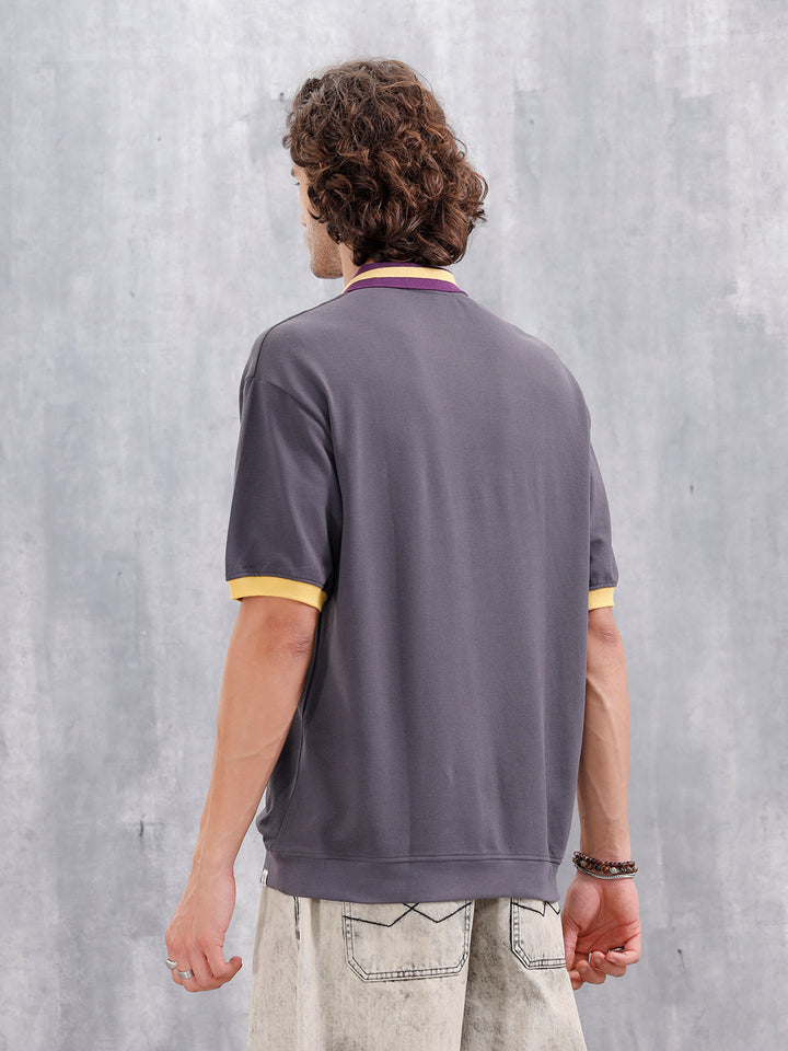 Oversized Johnny Collar Polo T-Shirt With Contrast Collar | Dark Grey