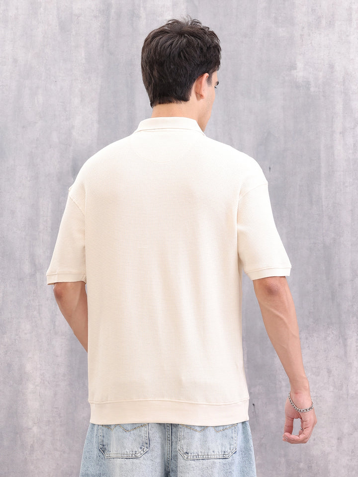 Textured Tonal Embroidered Oversized Fit Jhonny Collar T-Shirt | Beige