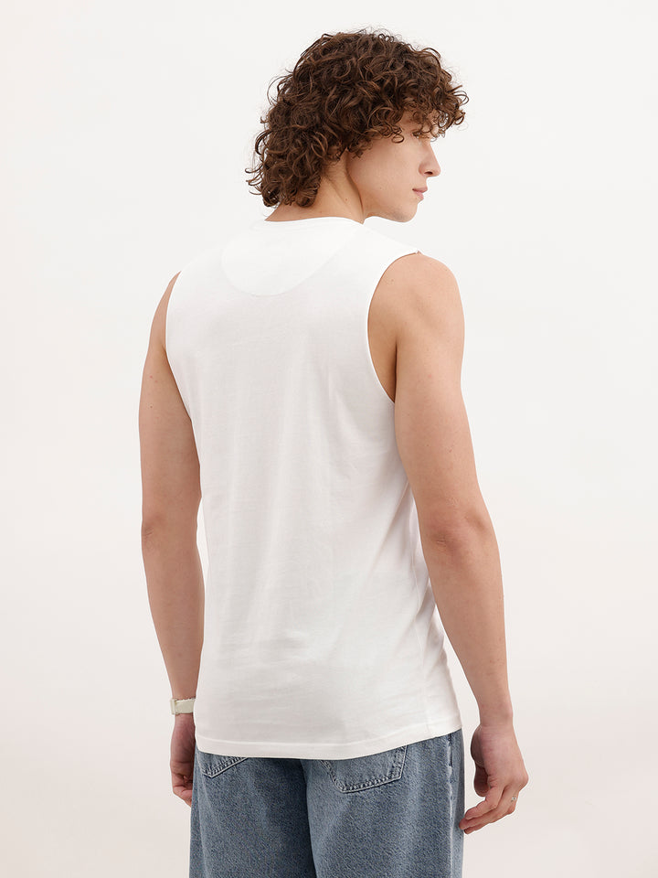Slim Fit Printed Cut Off sleeves T-Shirt | White