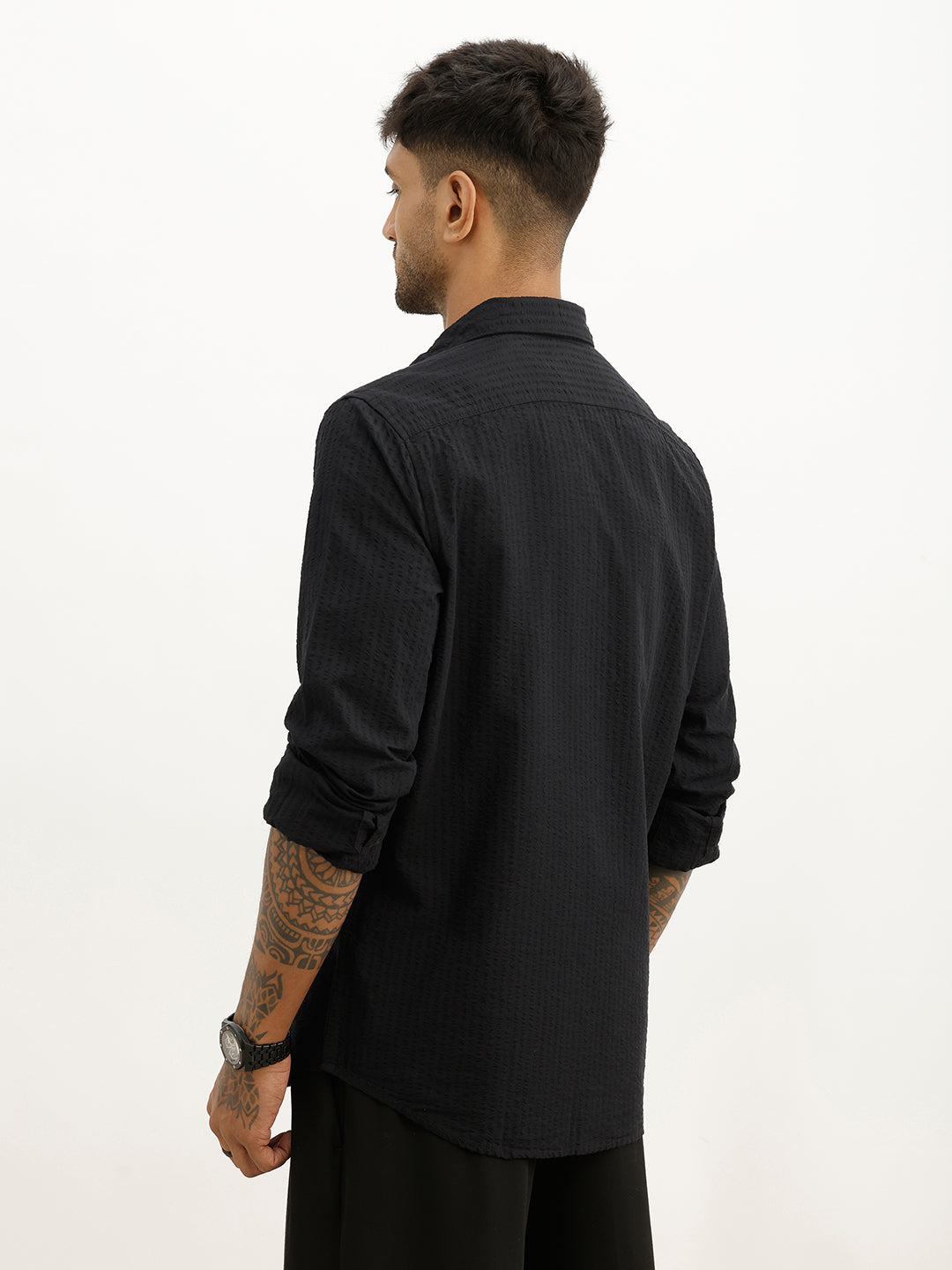 Solid Slim Fit Textured Full Sleeve Shirt | Black