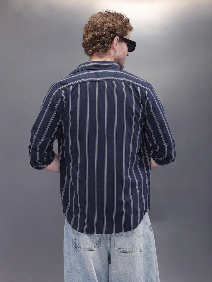 Textured Stripes Open Dobby Shirt | Navy Blue