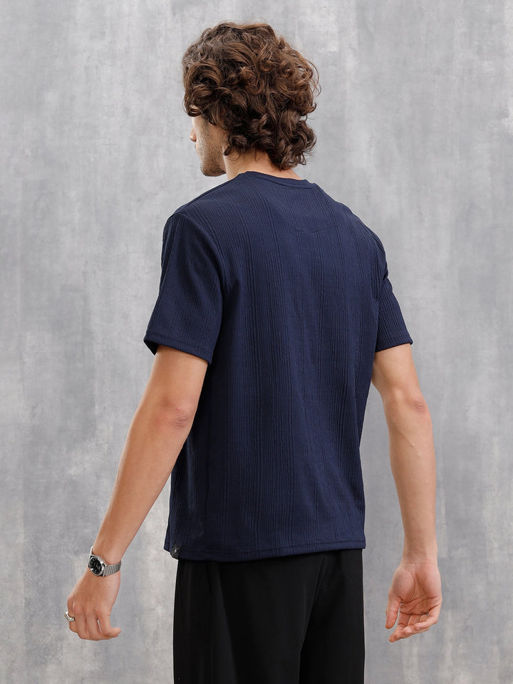 Honeycomb Textured Knit Crew Neck Pullover In Oversized Fit | Navy Blue