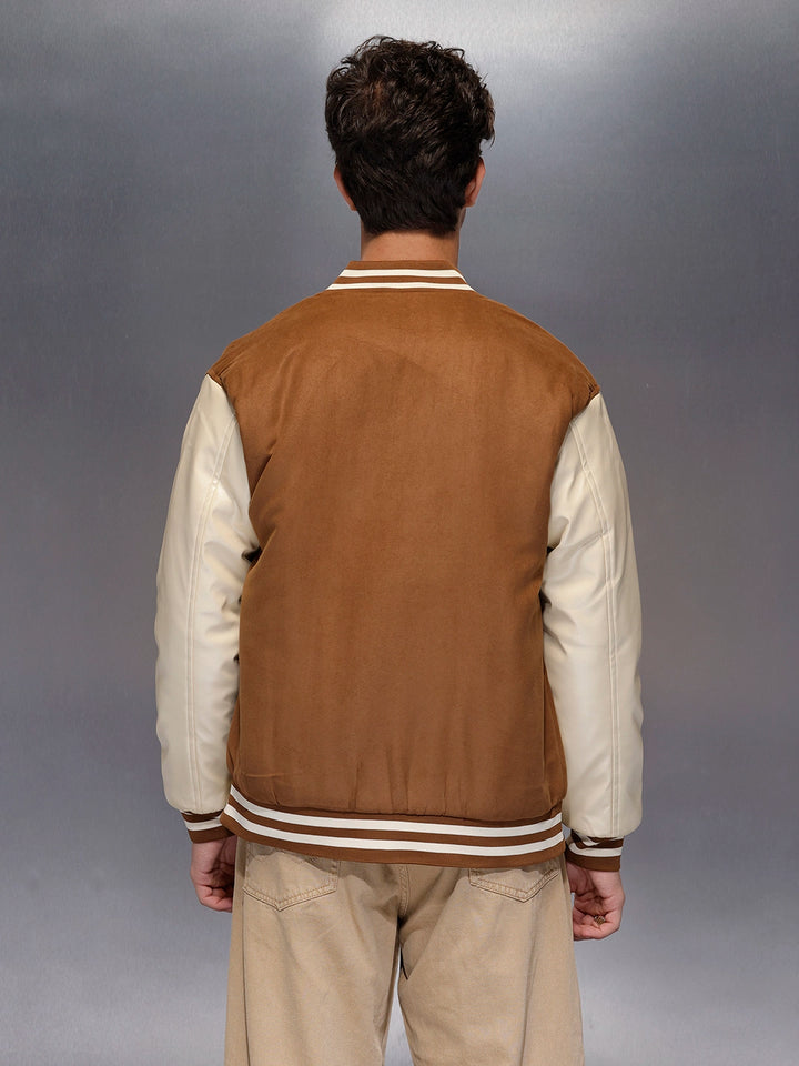 Men’s Retro Tan Suede-Look Varsity Jacket | Brown