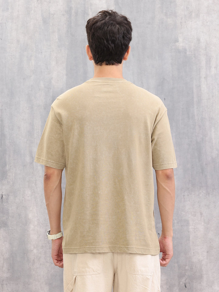Retro Graphic Printed Oversized Fit Washed T-shirt | Khaki