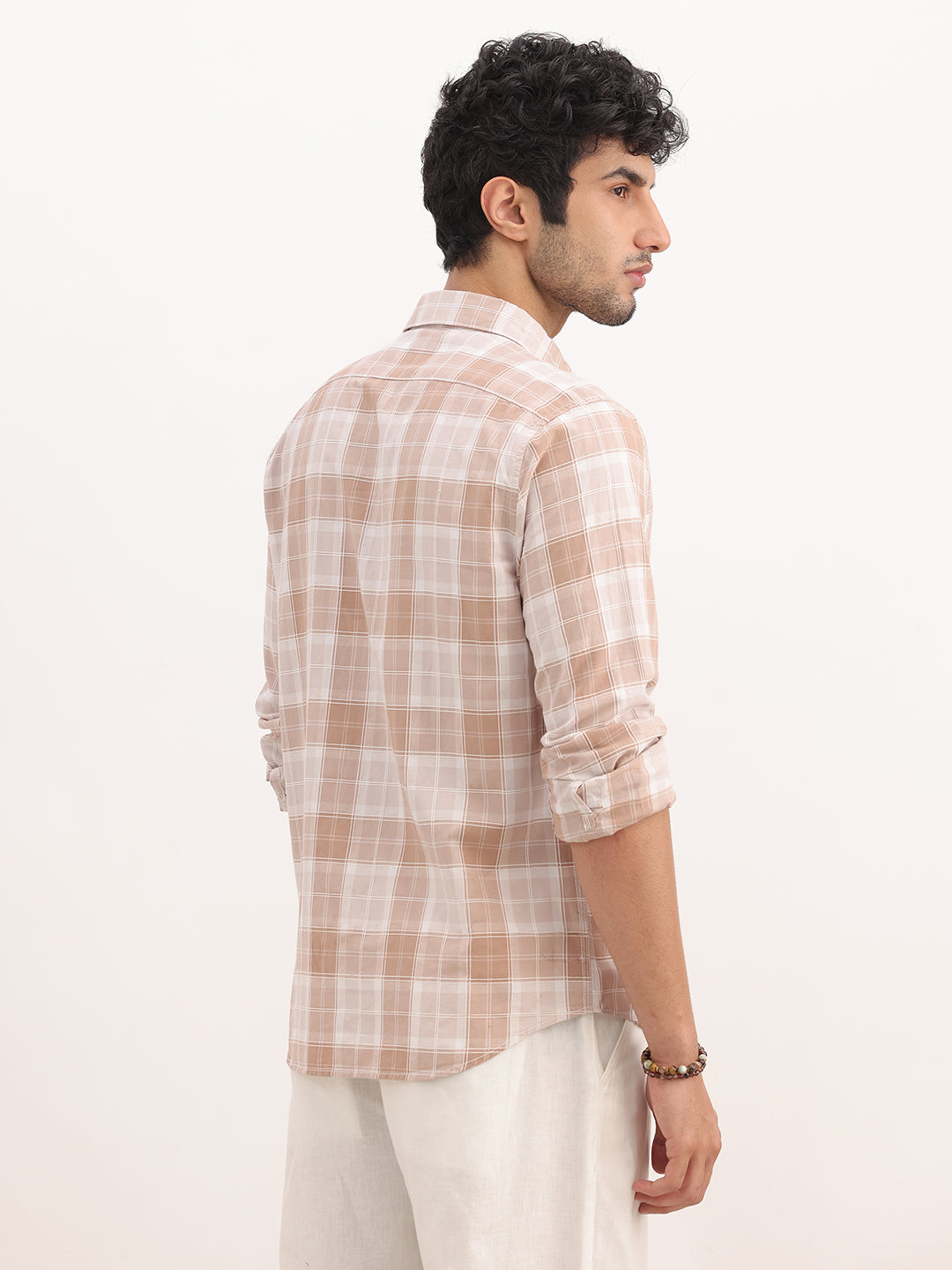 Slim Fit Checkered Full Sleeve Shirt | Beige