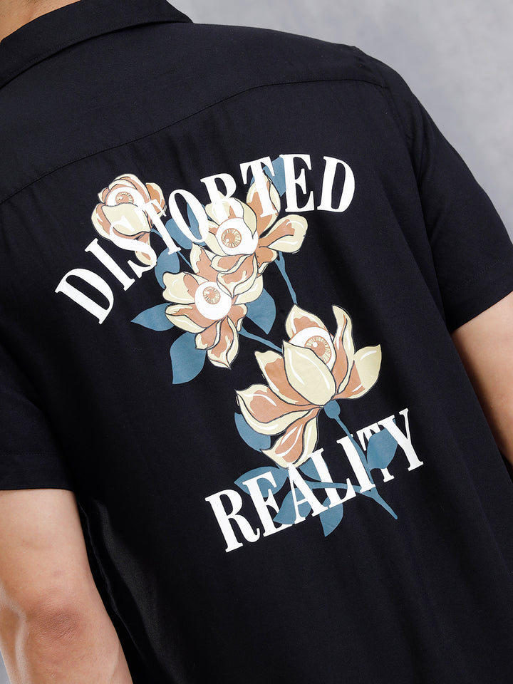 Fluid Resort Collar Shirt With Surreal Back Print | Black