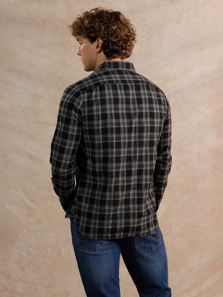 Tonal Checked Regular Fit Cotton Shirt | Black
