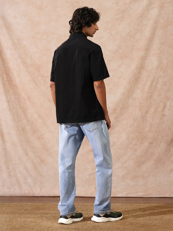 Oversized Half Placket Popover Shirt | Black