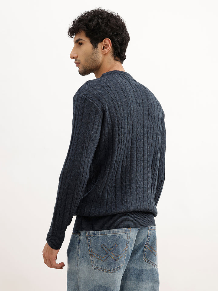 Textured Regular Fit Knitted Sweater | Blue