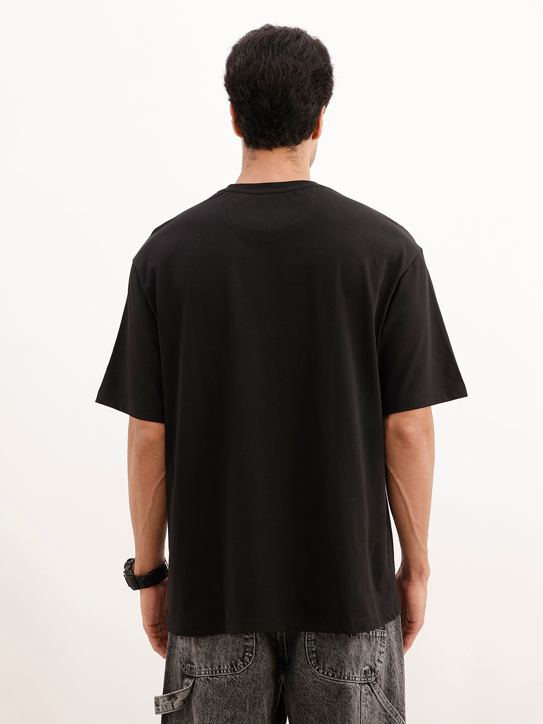 Oversized Emroidered Patch Detail T-Shirt | Black