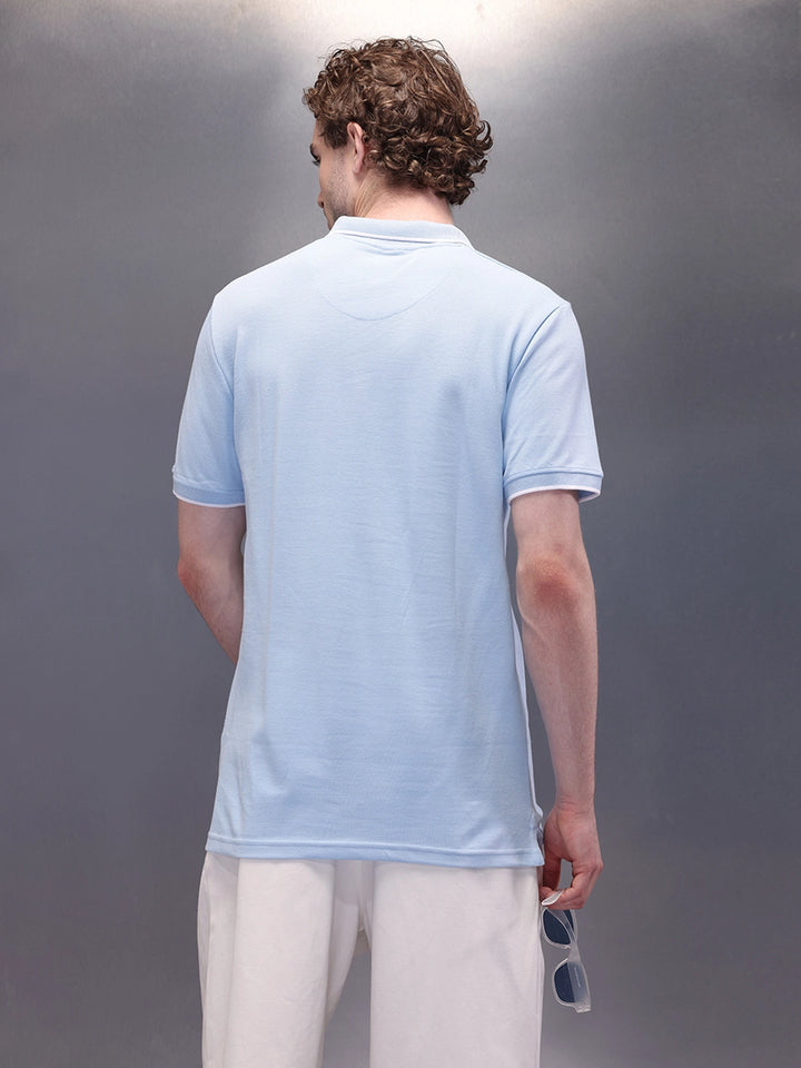 Solid Blue Logo Embroidered Polo T-Shirt