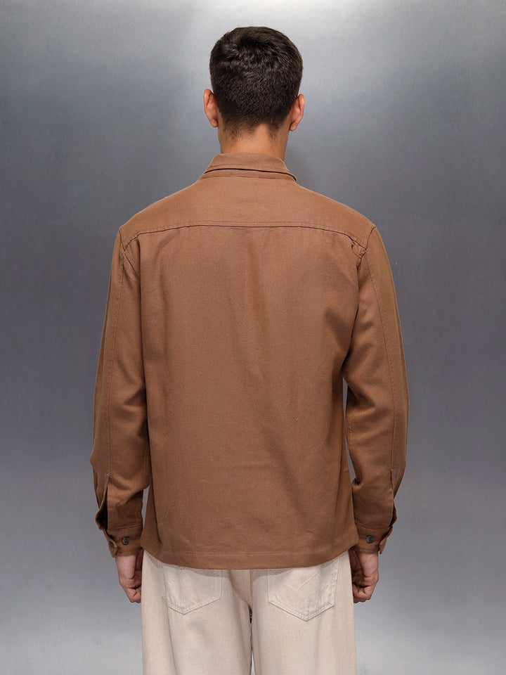 Men's casual front zipper double pocket shacket | Brown