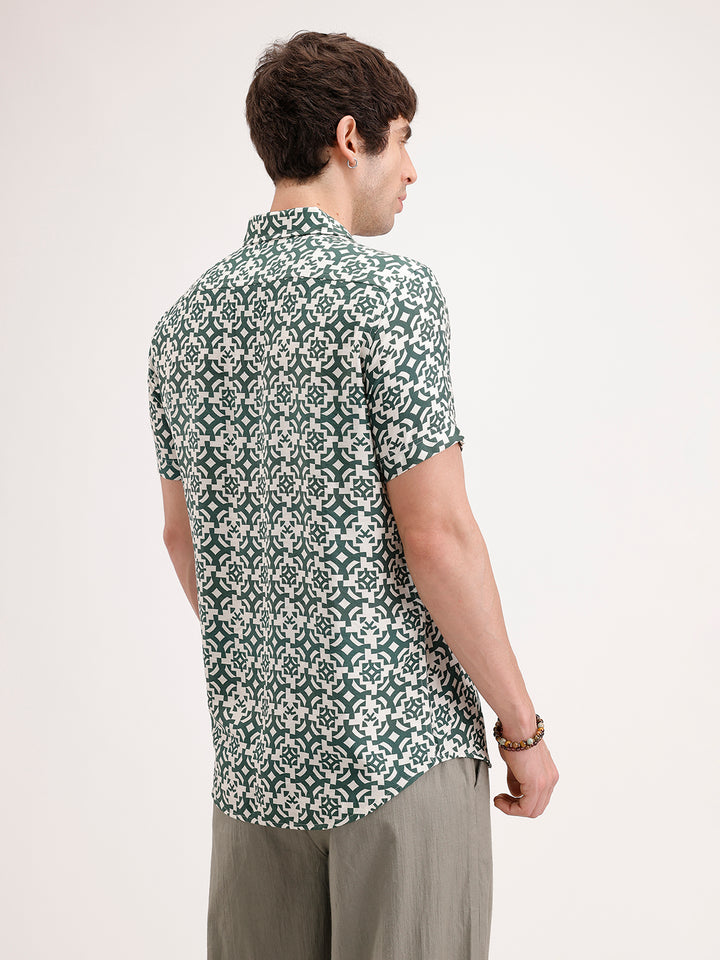 Slim Fit AOP Half Sleeve Shirt | Dark Green