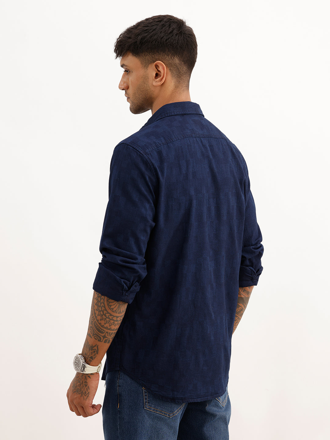 Textured Slim Fit Full Sleeve T-Shirt | Navy Blue