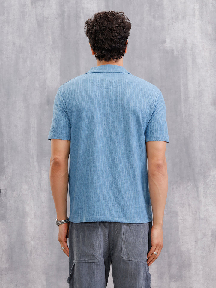 Resort Collar Textured Seersucker Fabric Polo T-Shirt | Blue