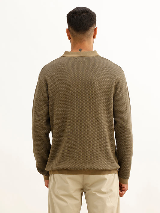 Classic Contrast Collar Knitted Sweater | Olive
