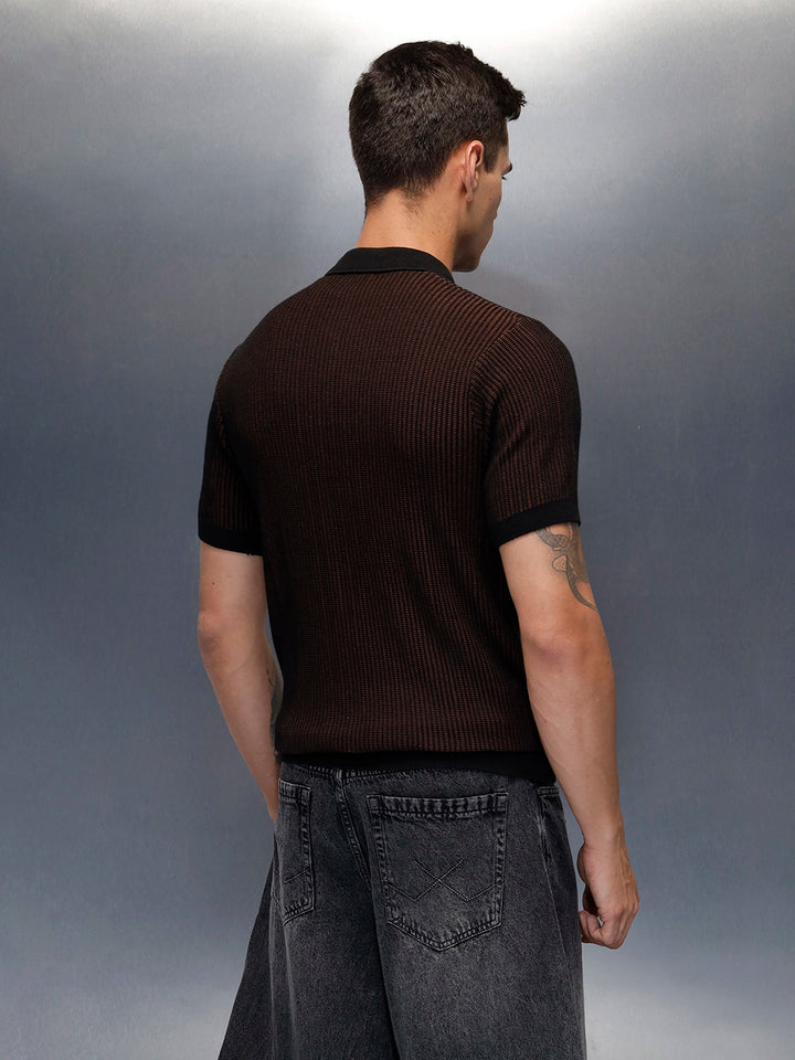 Textured Knit slim fit Polo T-shirt | Brown