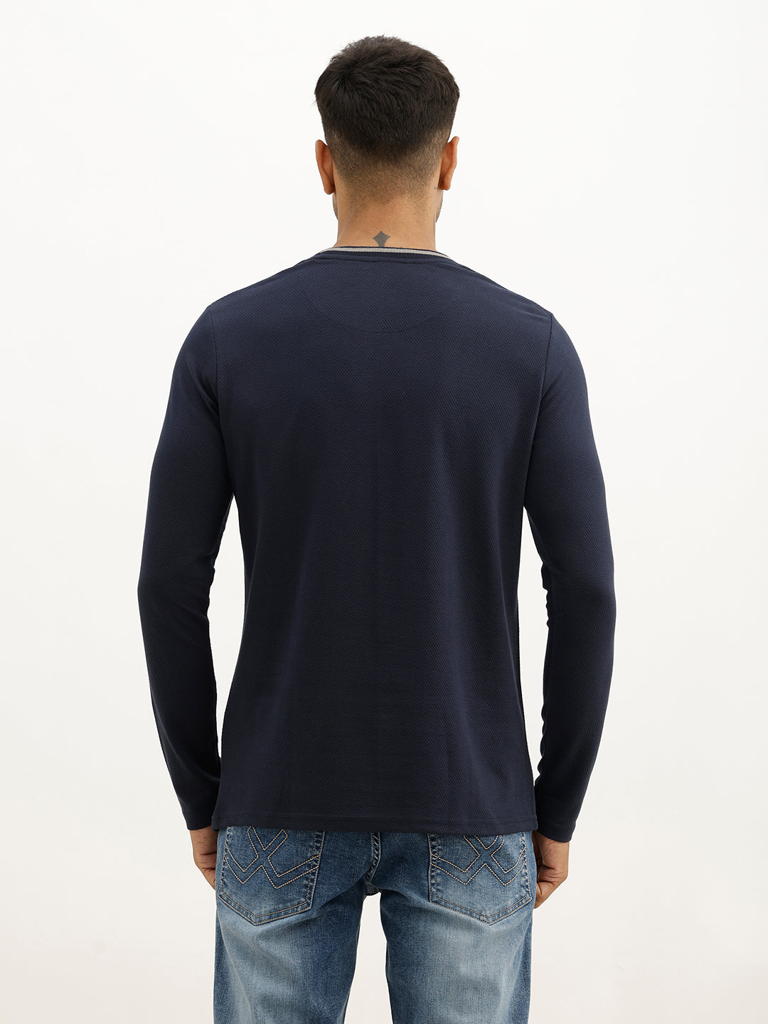 Solid Contrast Collar Full Sleeve T-Shirt | Navy Blue