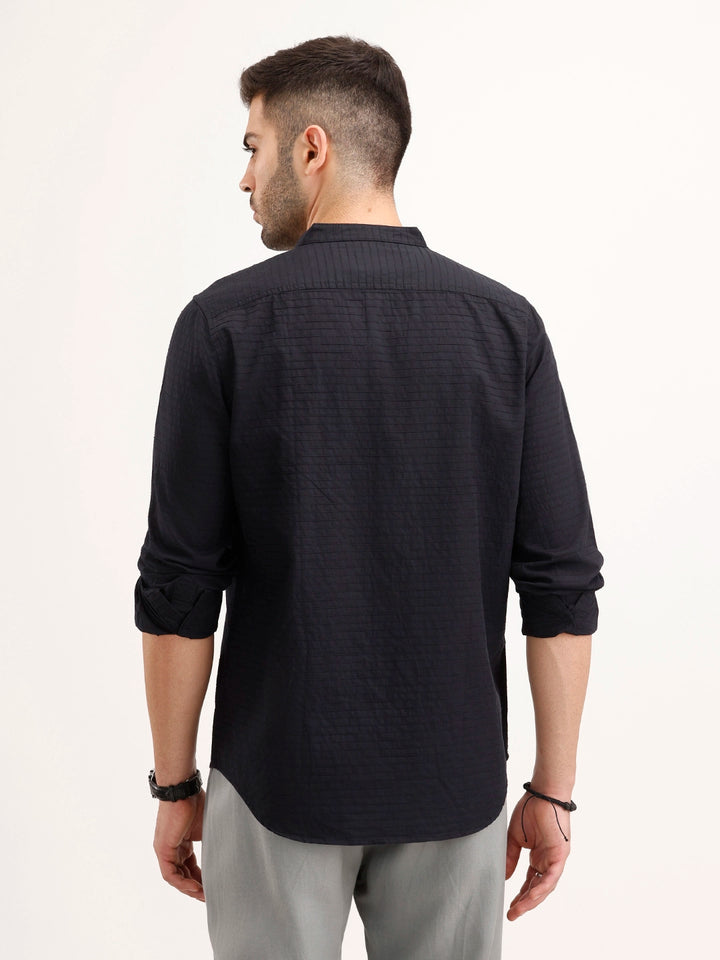 Regular Fit Mandarin Collar Textured Shirt | Black