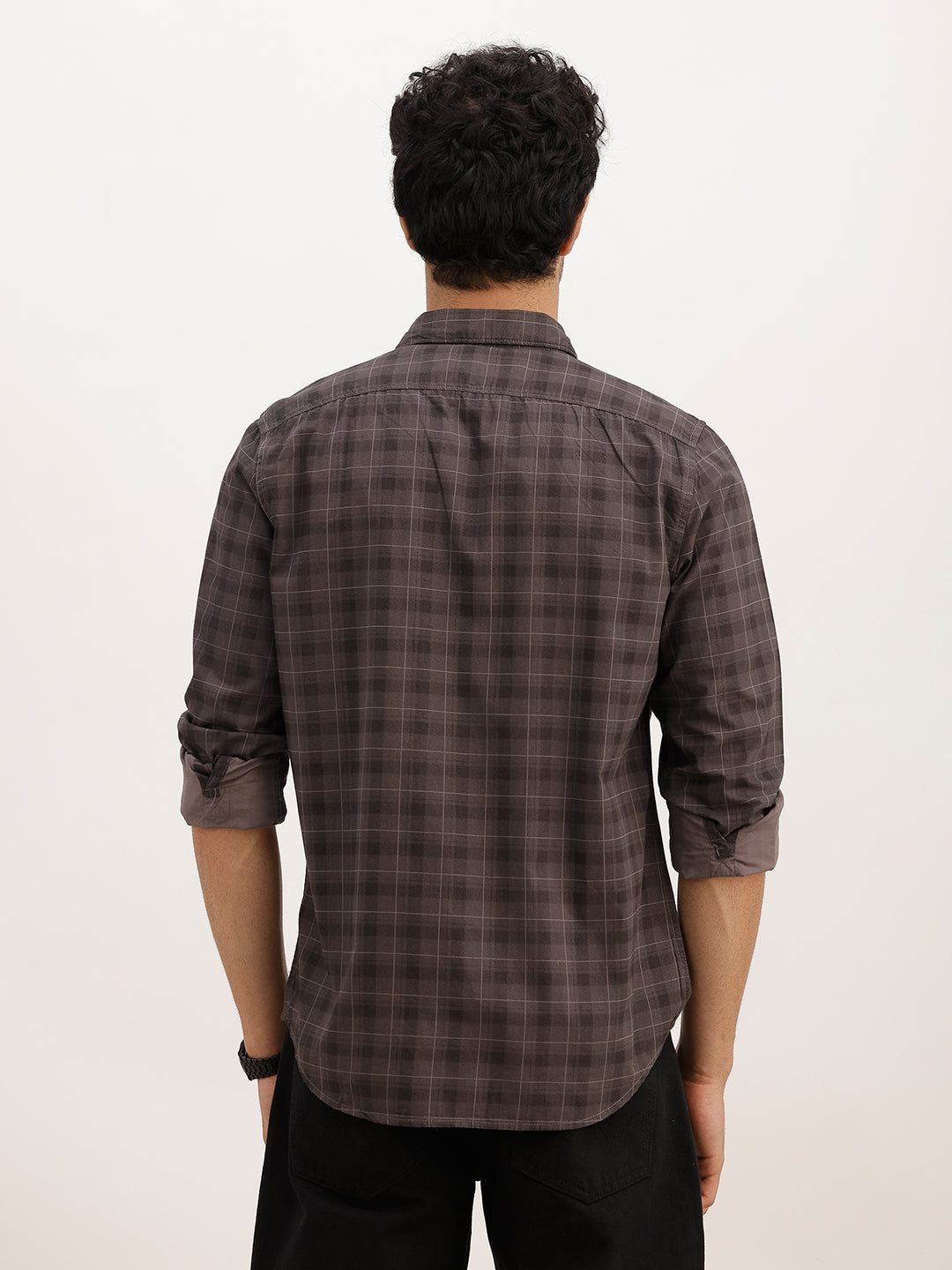Slim Fit Checkered Full Sleeve Shirt | Dark Grey