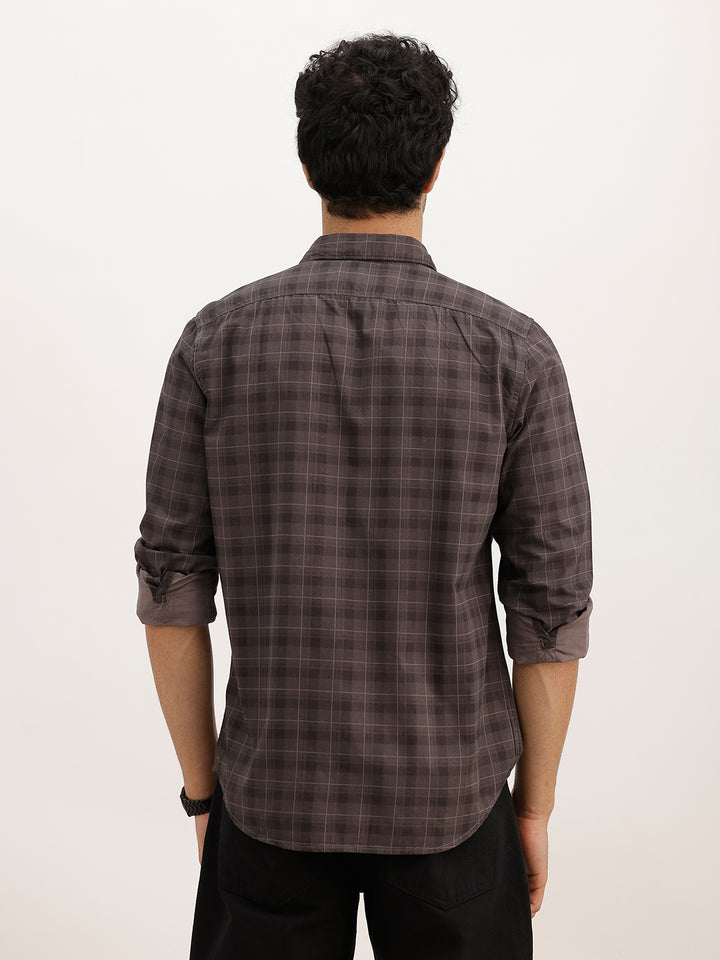 Slim Fit Checkered Full Sleeve Shirt | Dark Grey